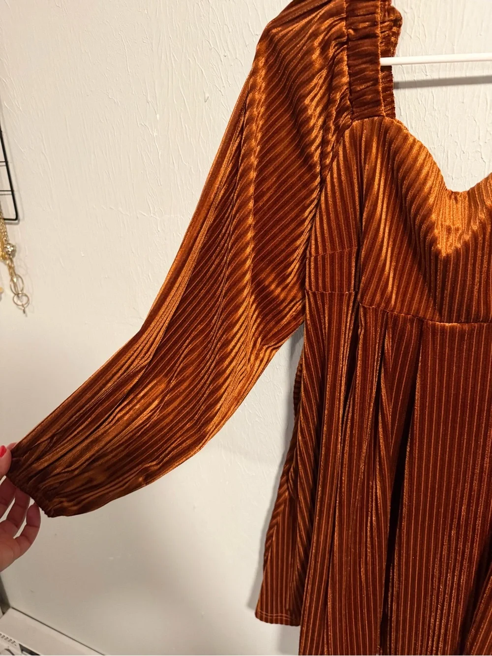 Rust Orange Ribbed Velvet Corset Mini Dress Balloon Sleeve XXL